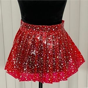 DOLLS KILL Fire Chasing Sunlight Star Print Pleated Vinyl Mini Rave Skirt Red S